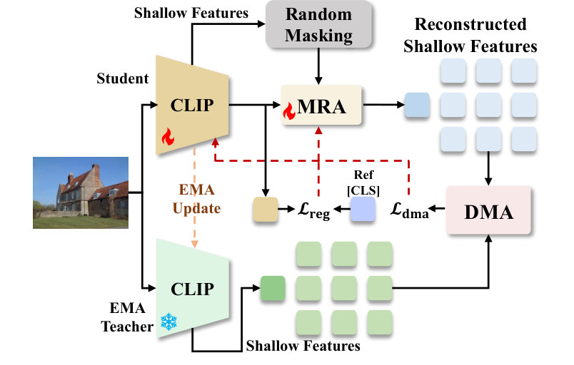 SALM-Self uses an EMA CLIP teacher, masked shallow features, and dual-matrix alignment for self-distillation.